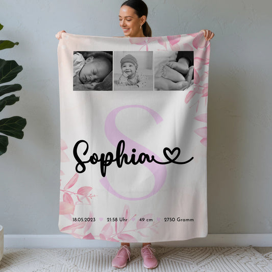 Babydecke zur Geburt mit Namen, Fotocollage & Geburtsdaten, Initial, Black & White Geschenk 1
