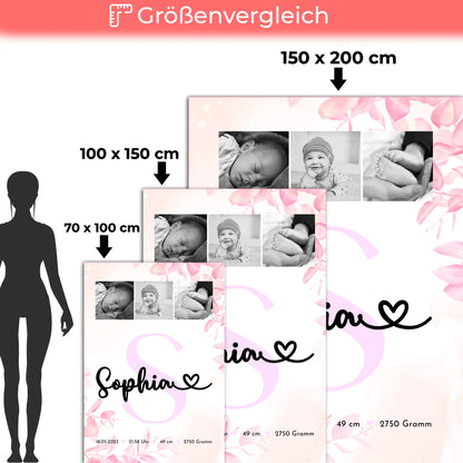 Babydecke zur Geburt mit Namen, Fotocollage & Geburtsdaten, Initial, Black & White Geschenk 5