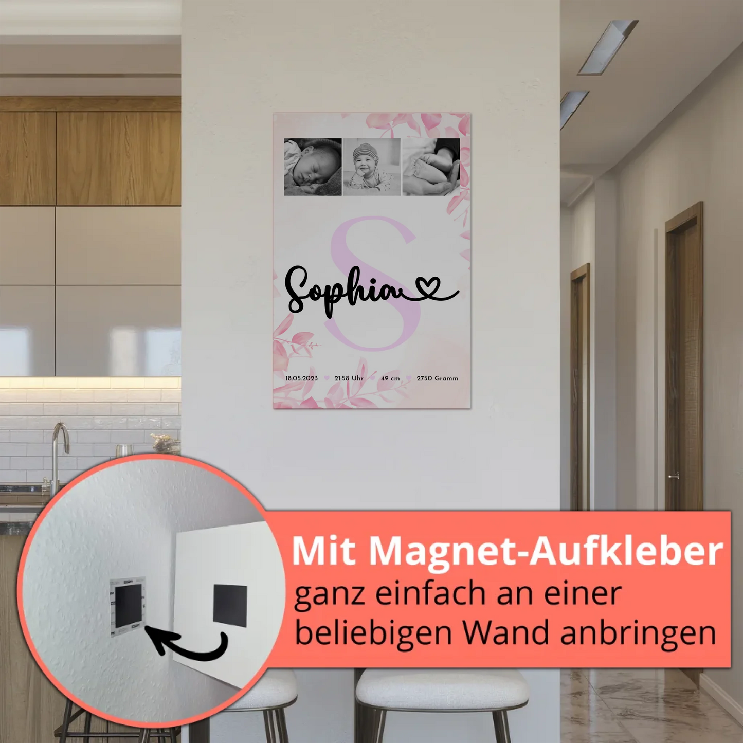 Magnetposter Fotoboard Baby-Fotocollage zur Geburt mit Geburtsdaten & Initial, Schwarz-Weiß 5