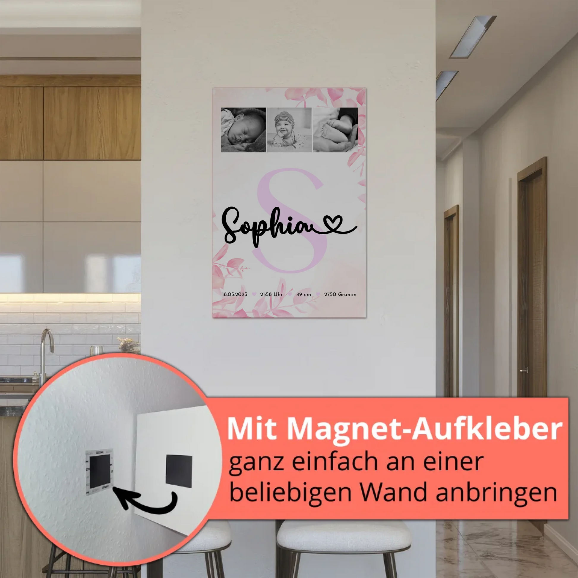 Magnetposter Fotoboard Baby-Fotocollage zur Geburt mit Geburtsdaten & Initial, Schwarz-Weiß 5