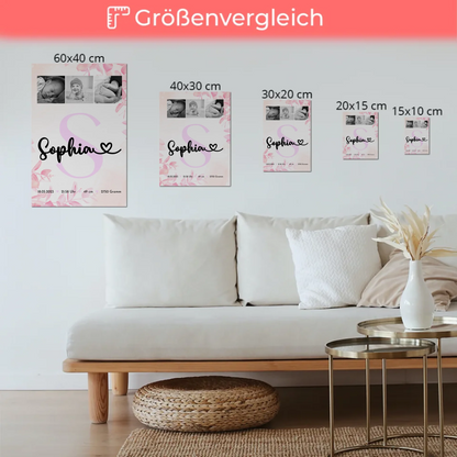 Magnetposter Fotoboard Baby-Fotocollage zur Geburt mit Geburtsdaten & Initial, Schwarz-Weiß