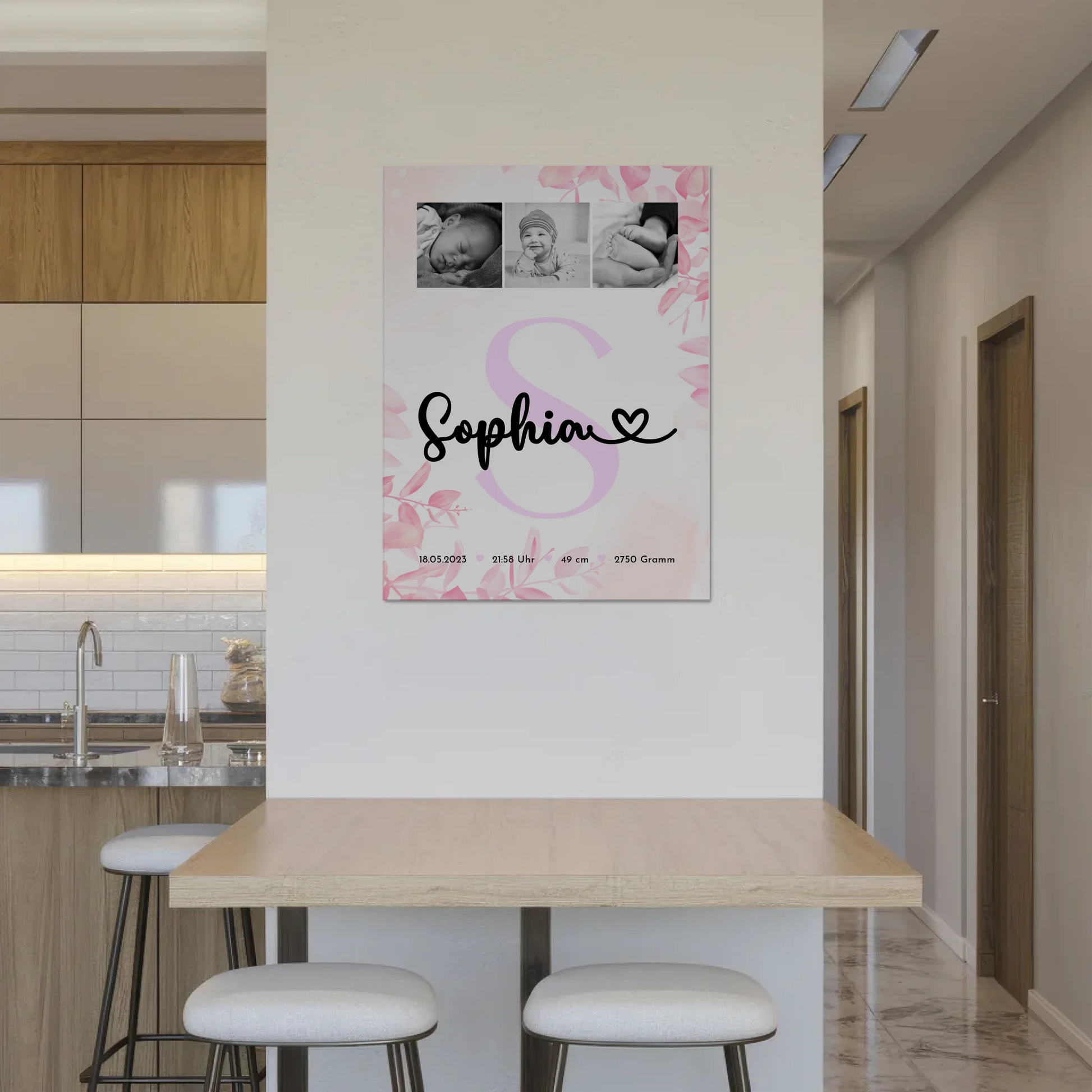 Magnetposter Fotoboard Baby-Fotocollage zur Geburt mit Geburtsdaten & Initial, Schwarz-Weiß 8