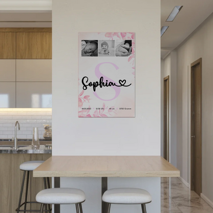 Magnetposter Fotoboard Baby-Fotocollage zur Geburt mit Geburtsdaten & Initial, Schwarz-Weiß