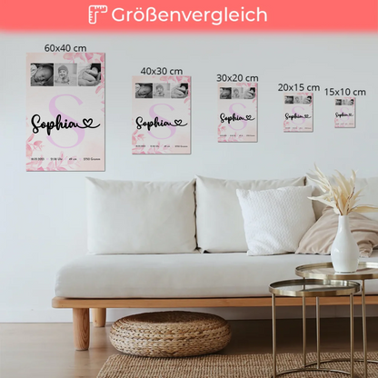 Magnetposter Fotoboard Baby-Fotocollage zur Geburt mit Geburtsdaten & Initial, Schwarz-Weiß