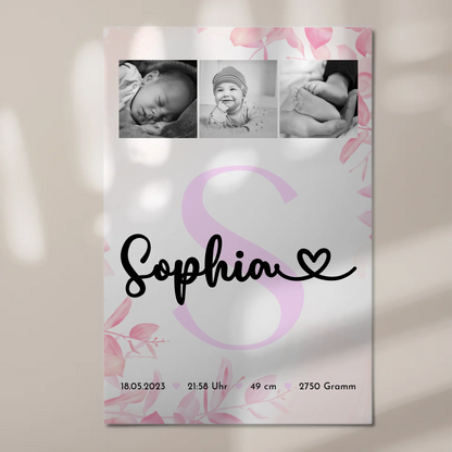 Magnetposter Fotoboard Baby-Fotocollage zur Geburt mit Geburtsdaten & Initial, Schwarz-Weiß
