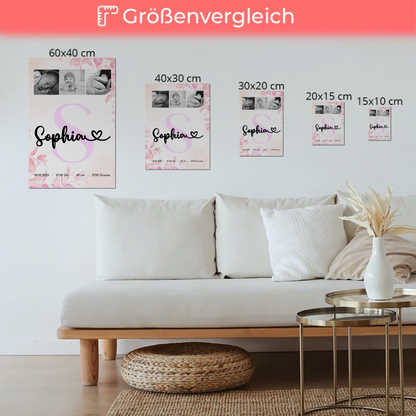 Magnetposter Fotoboard Baby-Fotocollage zur Geburt mit Geburtsdaten & Initial, Schwarz-Weiß