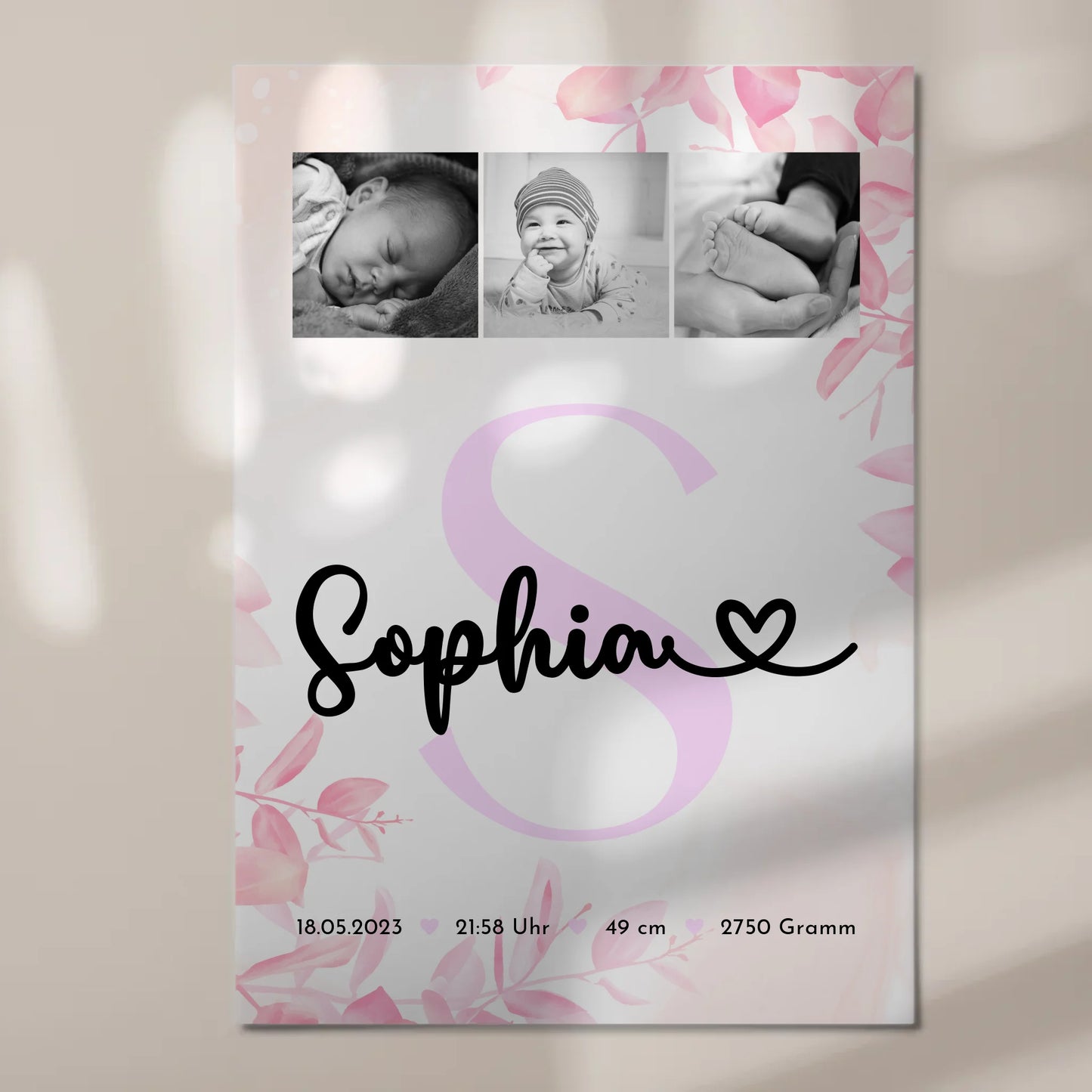 Magnetposter Fotoboard Baby-Fotocollage zur Geburt mit Geburtsdaten & Initial, Schwarz-Weiß