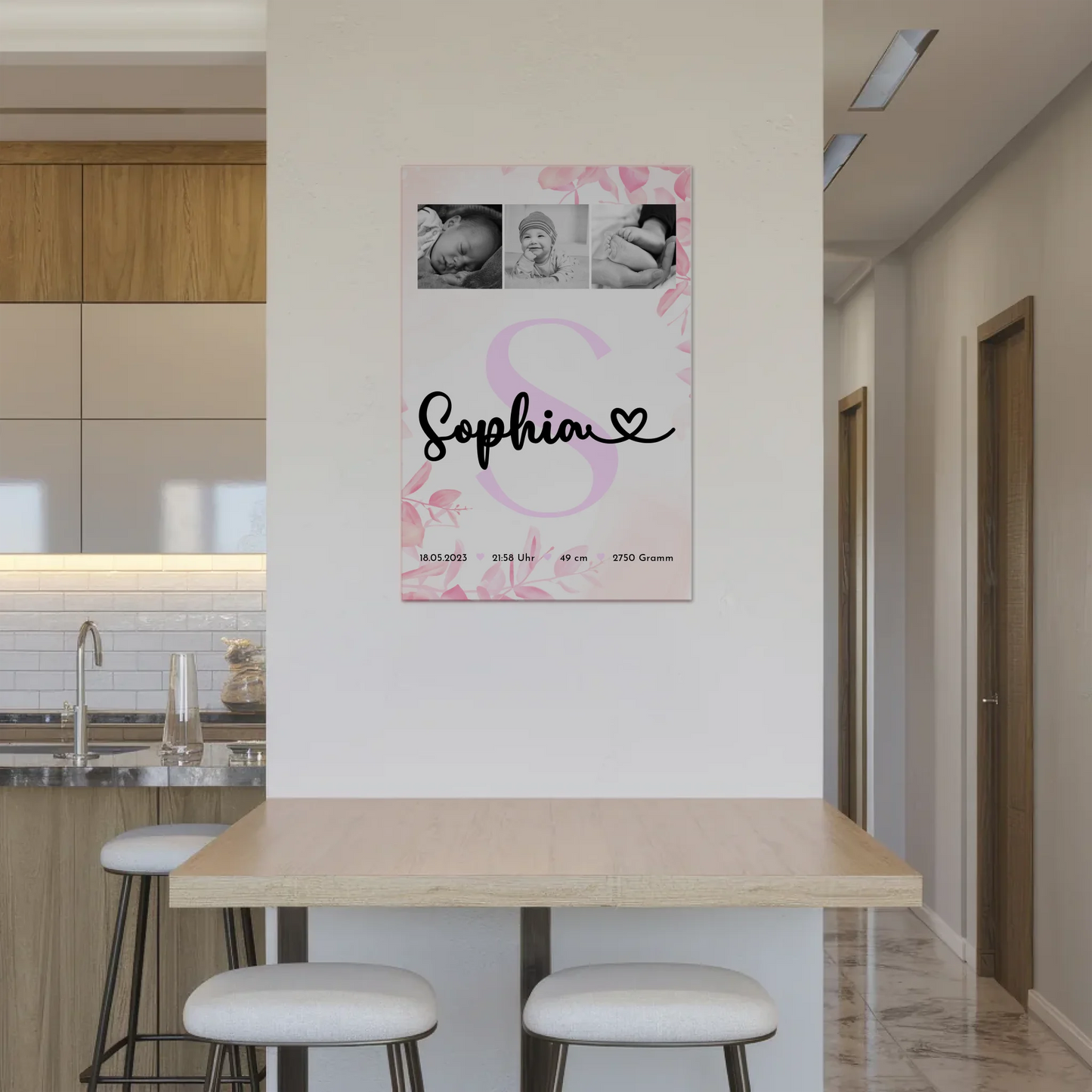 Magnetposter Fotoboard Baby-Fotocollage zur Geburt mit Geburtsdaten & Initial, Schwarz-Weiß