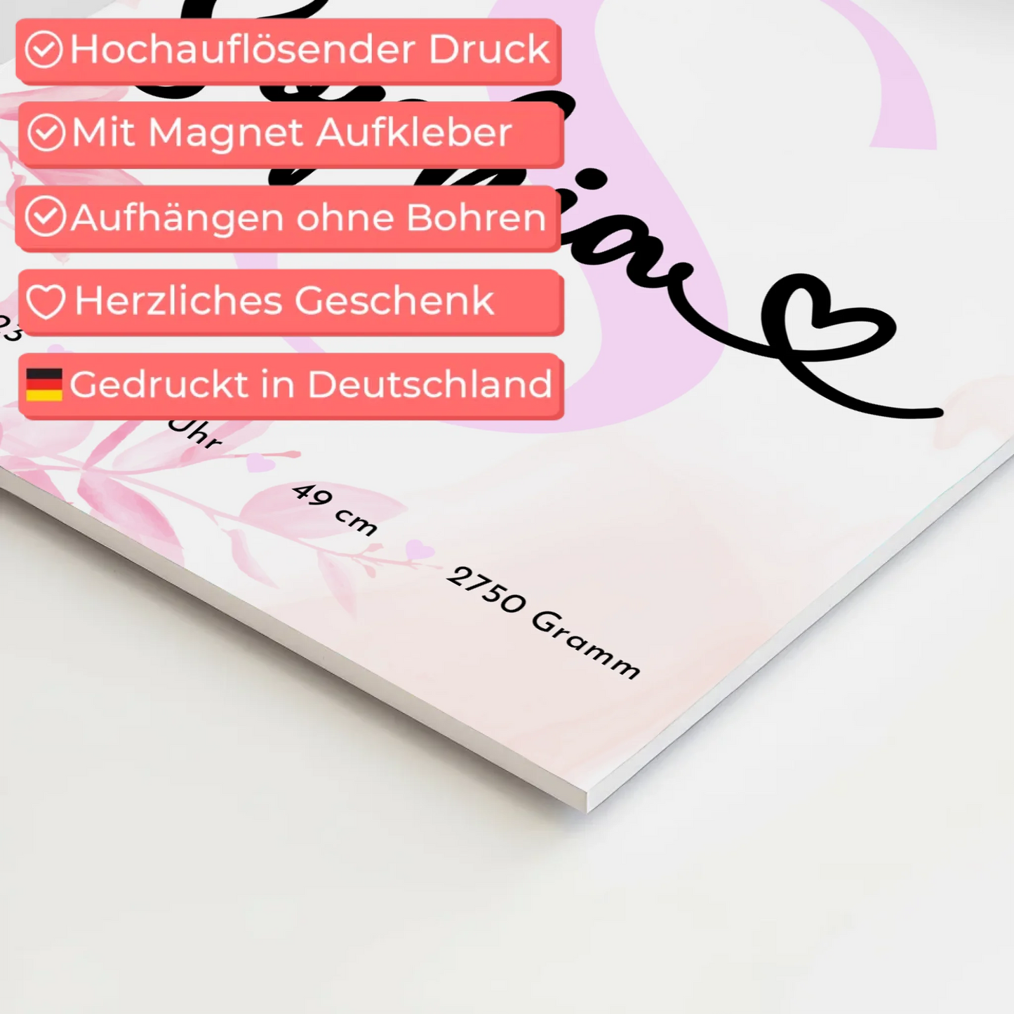 Magnetposter Fotoboard Baby-Fotocollage zur Geburt mit Geburtsdaten & Initial, Schwarz-Weiß