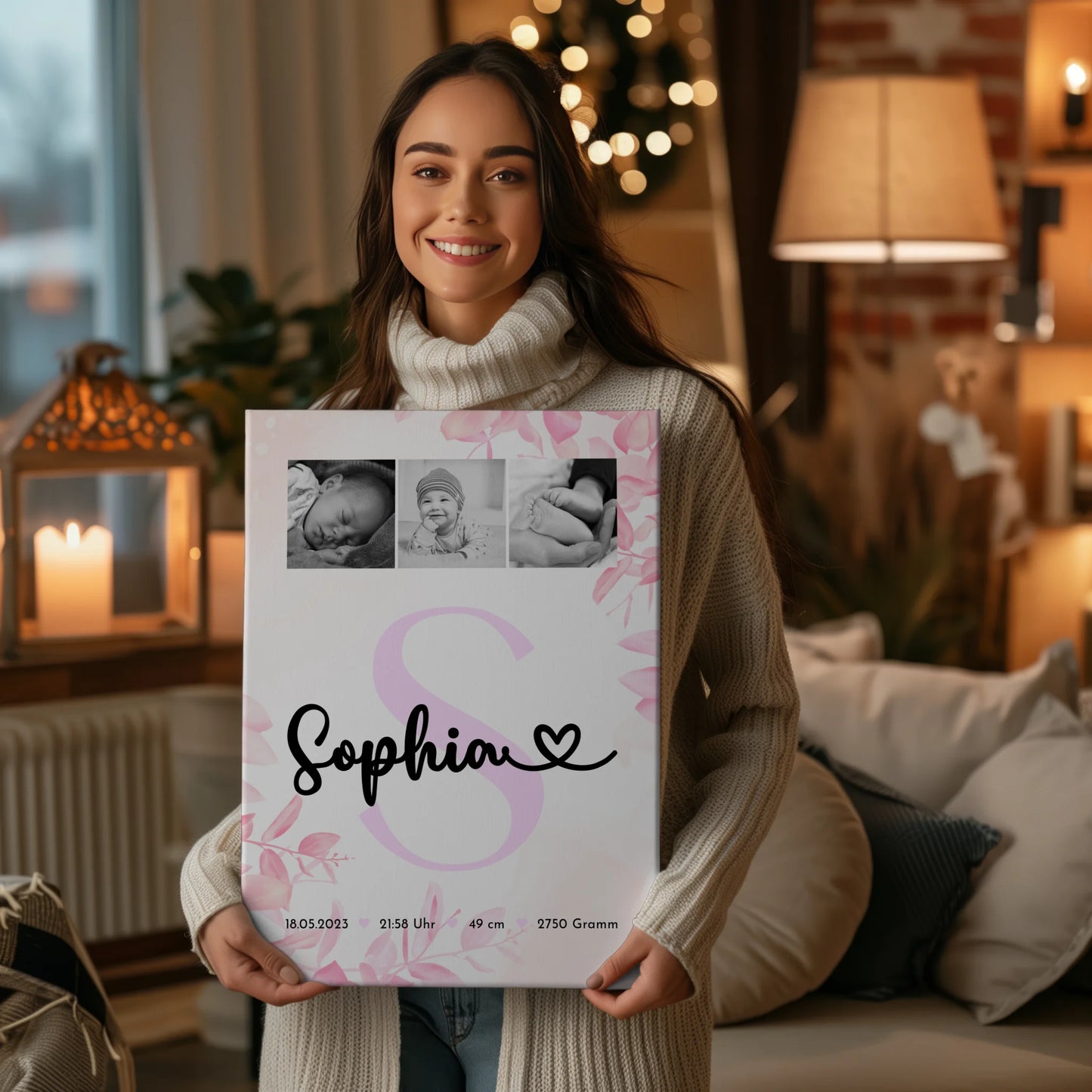 Wandbild Fotocollage zur Geburt Baby mit Geburtsdaten und Initial Black and White Design 2