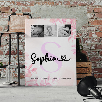 Wandbild Fotocollage zur Geburt Baby mit Geburtsdaten und Initial Black and White Design 4