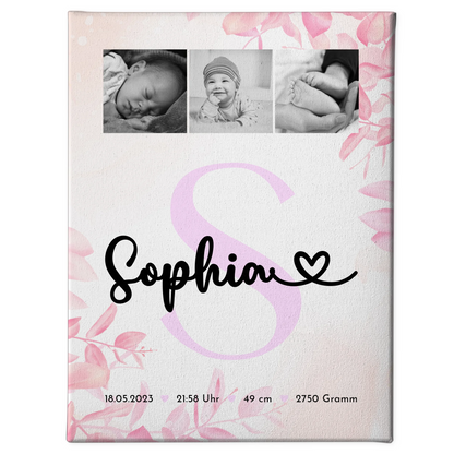Wandbild Fotocollage zur Geburt Baby mit Geburtsdaten und Initial Black and White Design 1