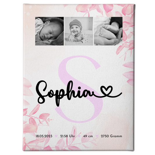 Wandbild Fotocollage zur Geburt Baby mit Geburtsdaten und Initial Black and White Design 1