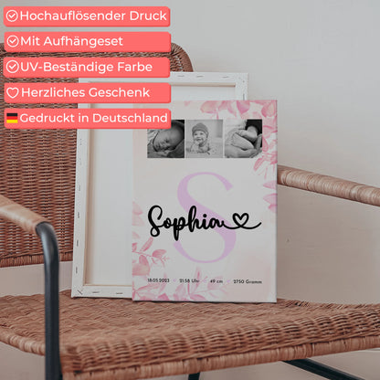 Wandbild Fotocollage zur Geburt Baby mit Geburtsdaten und Initial Black and White Design 5