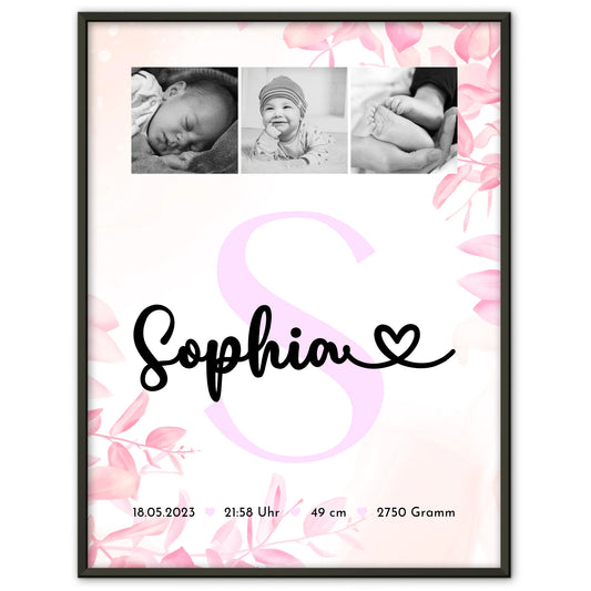 Poster mit Geburtsdaten - Baby-Fotocollage mit Initiale in Schwarz-Weiß, Geschenk zur Geburt 1