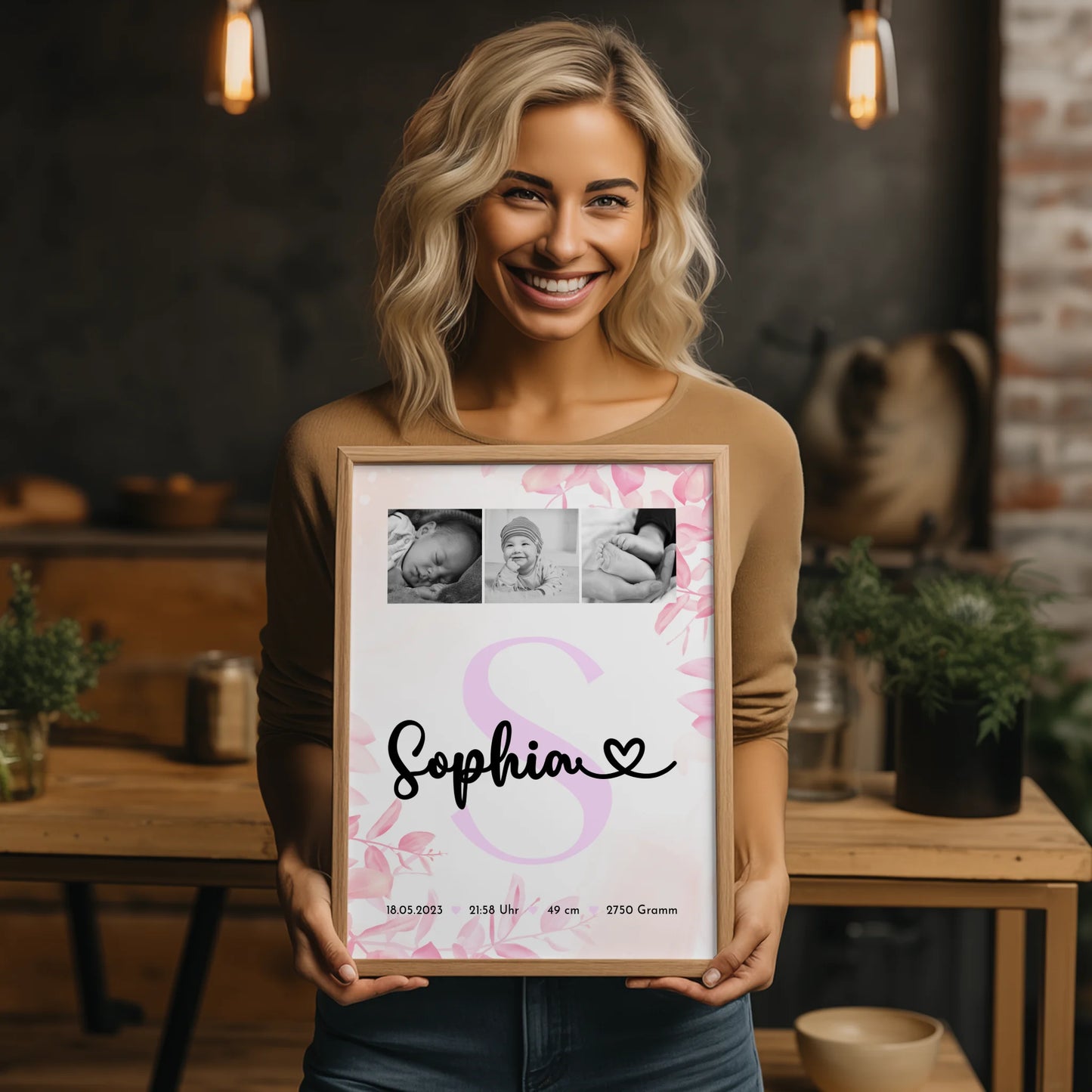 Poster mit Geburtsdaten - Baby-Fotocollage mit Initiale in Schwarz-Weiß, Geschenk zur Geburt 2