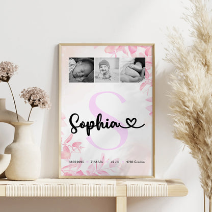 Poster mit Geburtsdaten - Baby-Fotocollage mit Initiale in Schwarz-Weiß, Geschenk zur Geburt 4