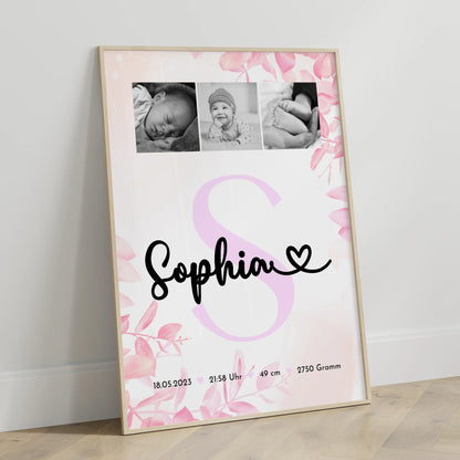 Poster mit Geburtsdaten - Baby-Fotocollage mit Initiale in Schwarz-Weiß, Geschenk zur Geburt 3
