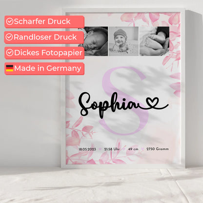 Poster mit Geburtsdaten - Baby-Fotocollage mit Initiale in Schwarz-Weiß, Geschenk zur Geburt 6