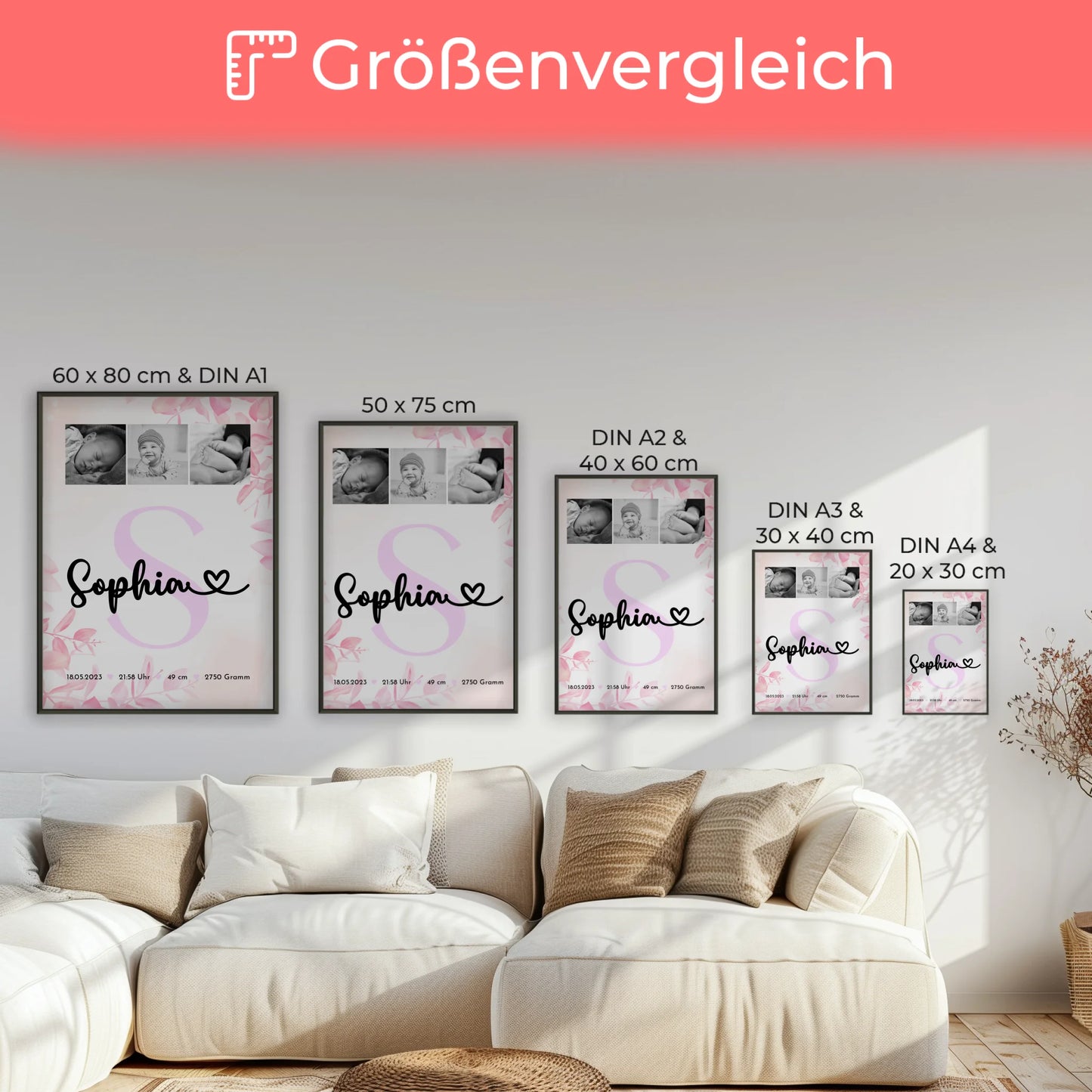 Poster mit Geburtsdaten - Baby-Fotocollage mit Initiale in Schwarz-Weiß, Geschenk zur Geburt 7