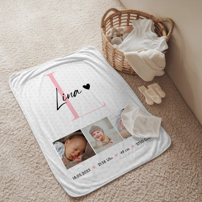 Krabbeldecke Mit Namen zur Geburt Baby mit Geburtsdaten Fotos und Sternchen Muster 2