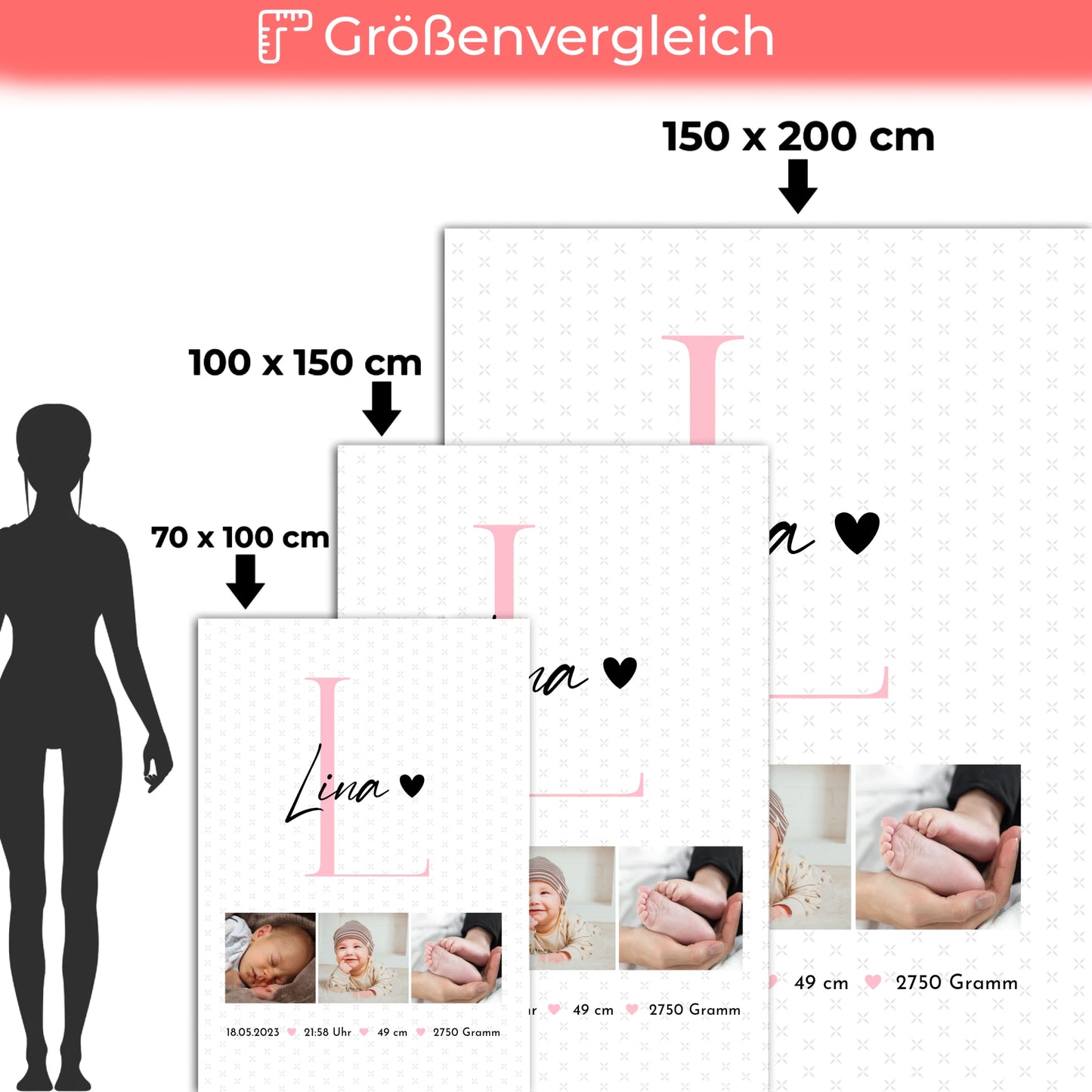 Krabbeldecke Mit Namen zur Geburt Baby mit Geburtsdaten Fotos und Sternchen Muster 5