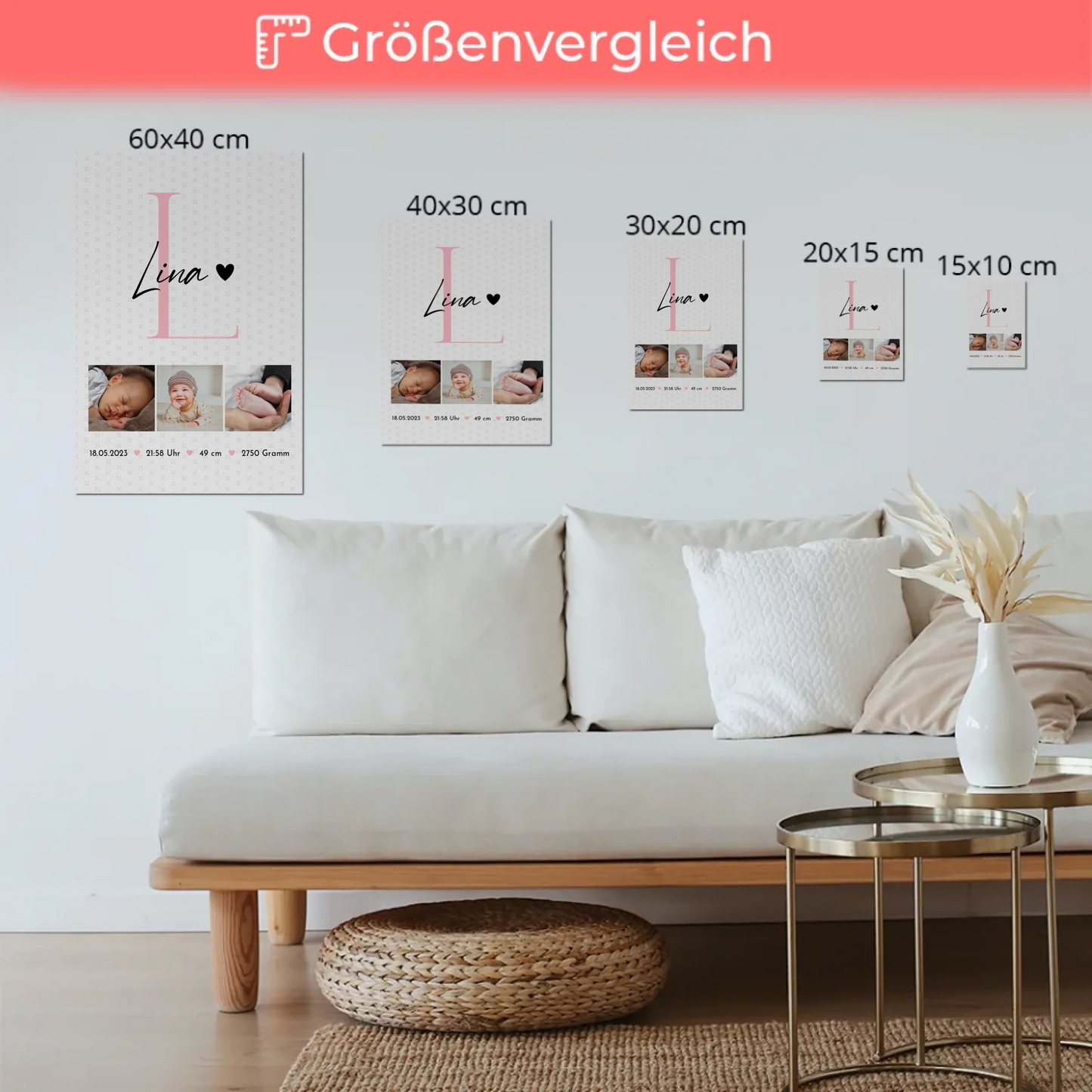 Fotoboard Magnet Poster mit Geburtsdaten und Fotos Baby Geschenk Sternchen Muster personalisiert