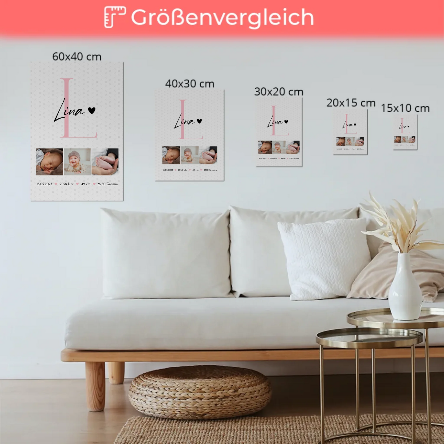 Fotoboard Magnet Poster mit Geburtsdaten und Fotos Baby Geschenk Sternchen Muster personalisiert