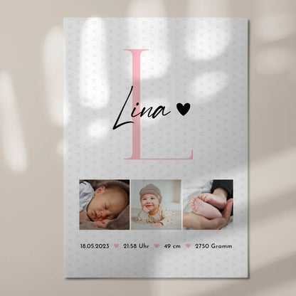 Fotoboard Magnet Poster mit Geburtsdaten und Fotos Baby Geschenk Sternchen Muster personalisiert