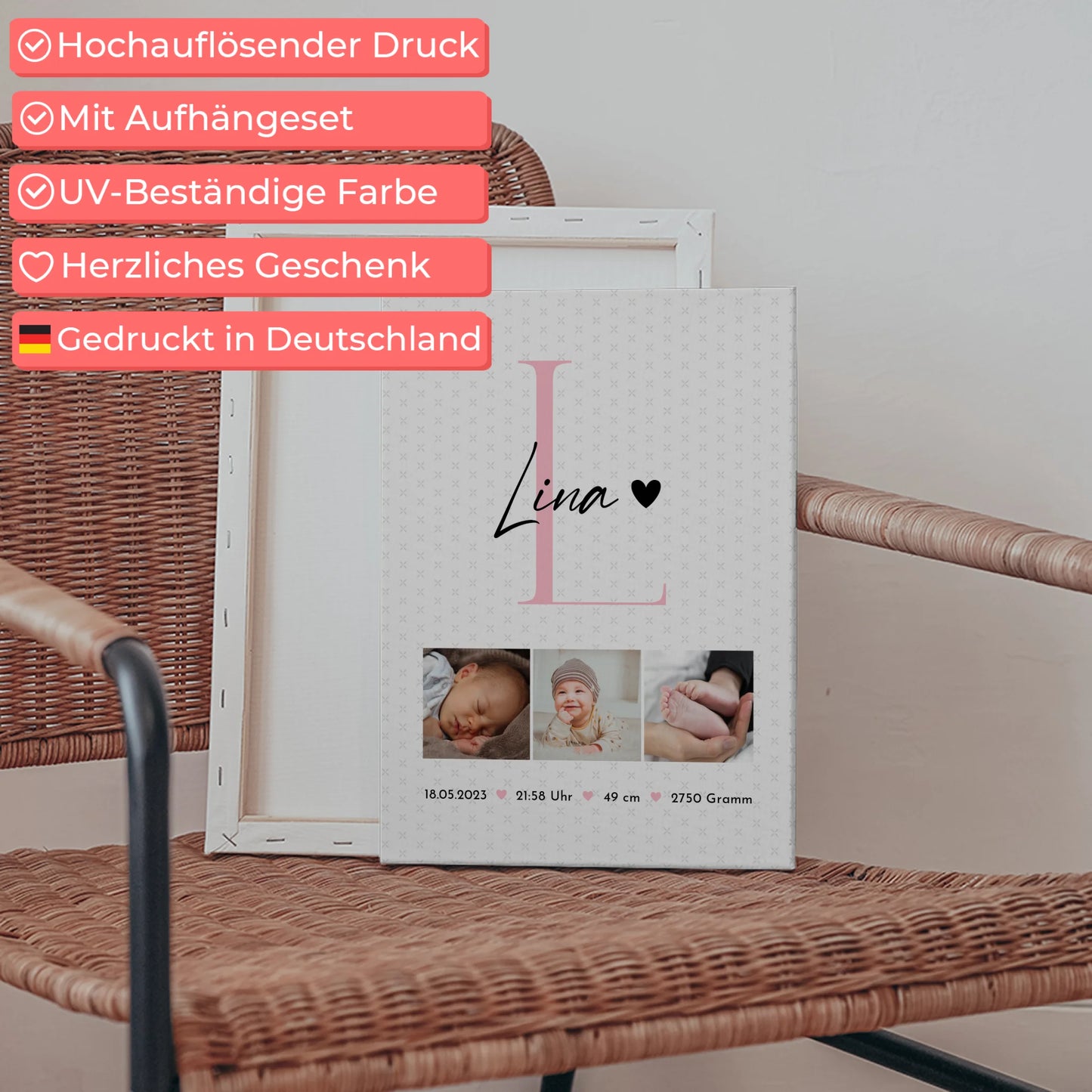 Leinwand Wandbild zur Geburt mit Baby Geburtsdaten Fotos und Sternchen Muster personalisiert 5