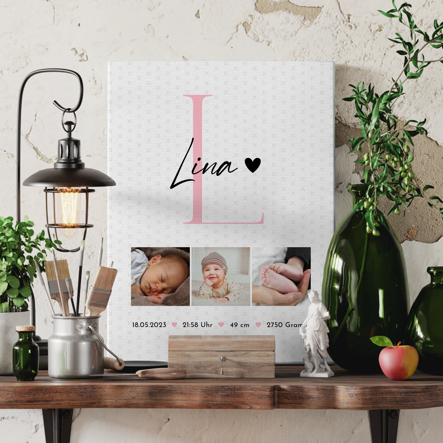 Leinwand Wandbild zur Geburt mit Baby Geburtsdaten Fotos und Sternchen Muster personalisiert 3