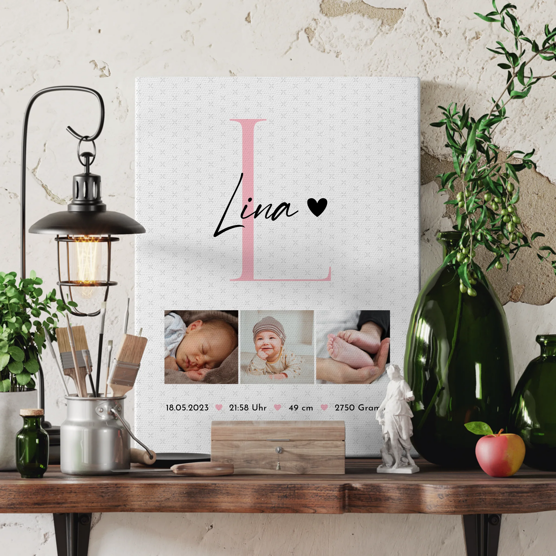 Leinwand Wandbild zur Geburt mit Baby Geburtsdaten Fotos und Sternchen Muster personalisiert 3