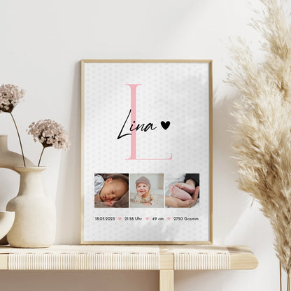 Poster Geburtsdaten mit Sternchen Muster personalisiert zur Geburt Baby mit Fotos und Geburtsdaten 4