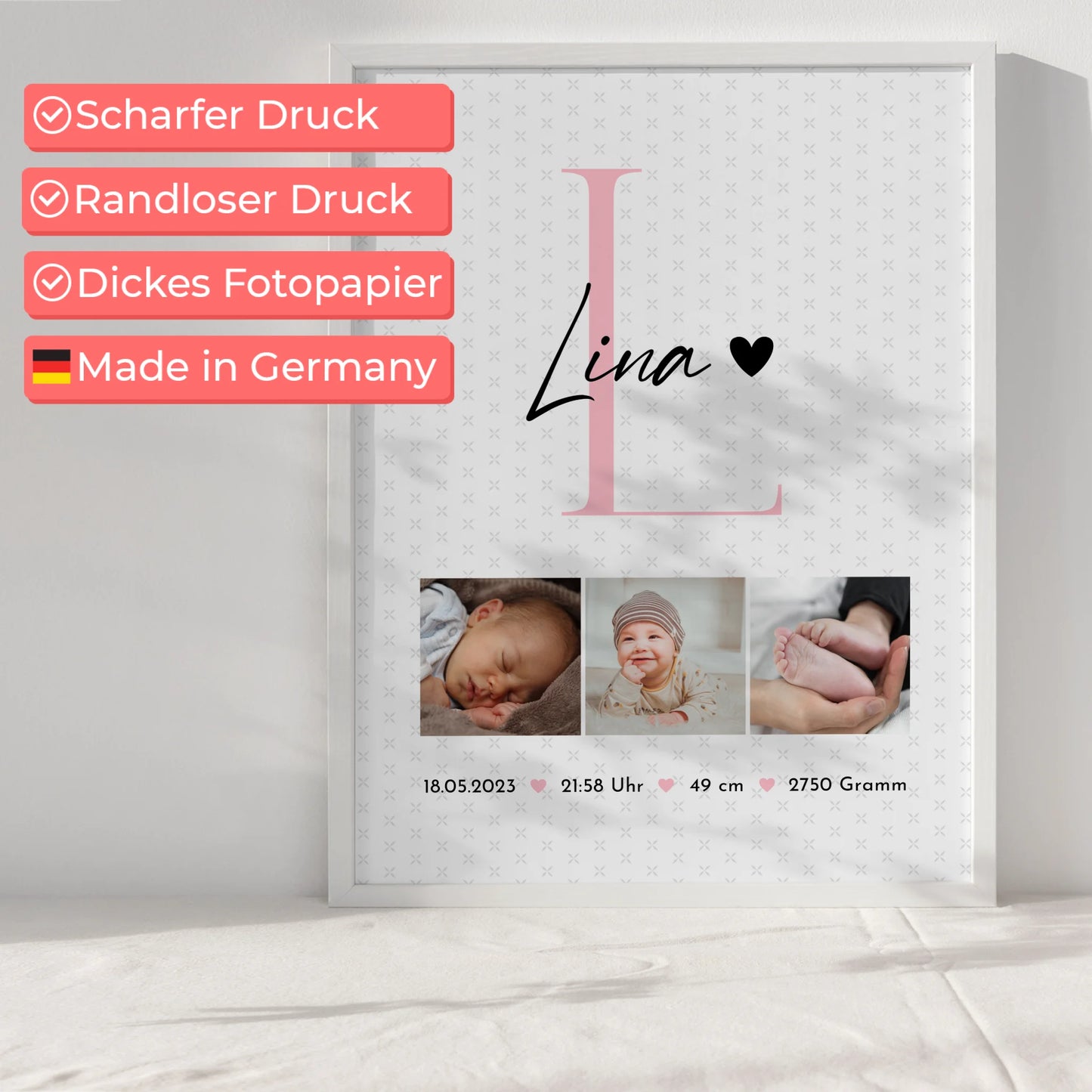 Poster Geburtsdaten mit Sternchen Muster personalisiert zur Geburt Baby mit Fotos und Geburtsdaten 6