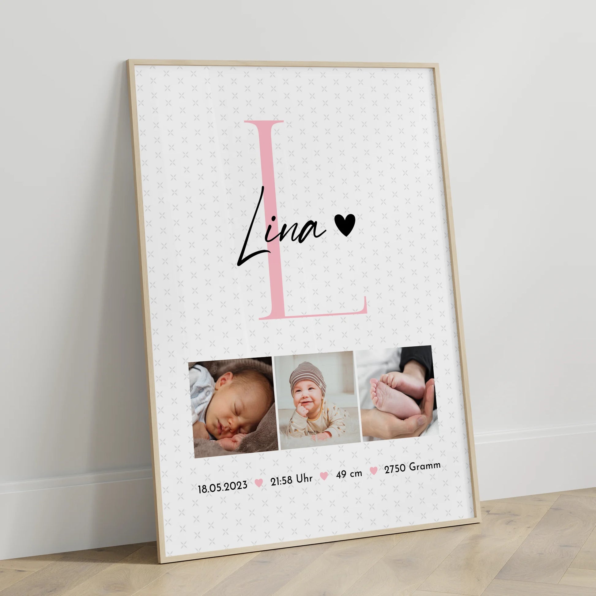 Poster Geburtsdaten mit Sternchen Muster personalisiert zur Geburt Baby mit Fotos und Geburtsdaten 3