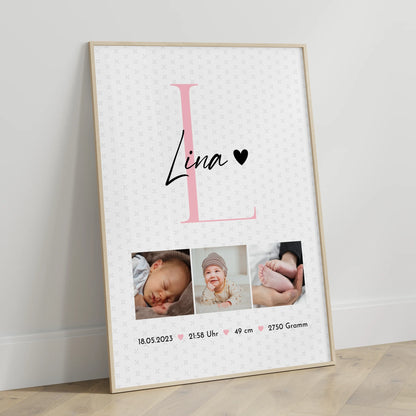 Poster Geburtsdaten mit Sternchen Muster personalisiert zur Geburt Baby mit Fotos und Geburtsdaten 3