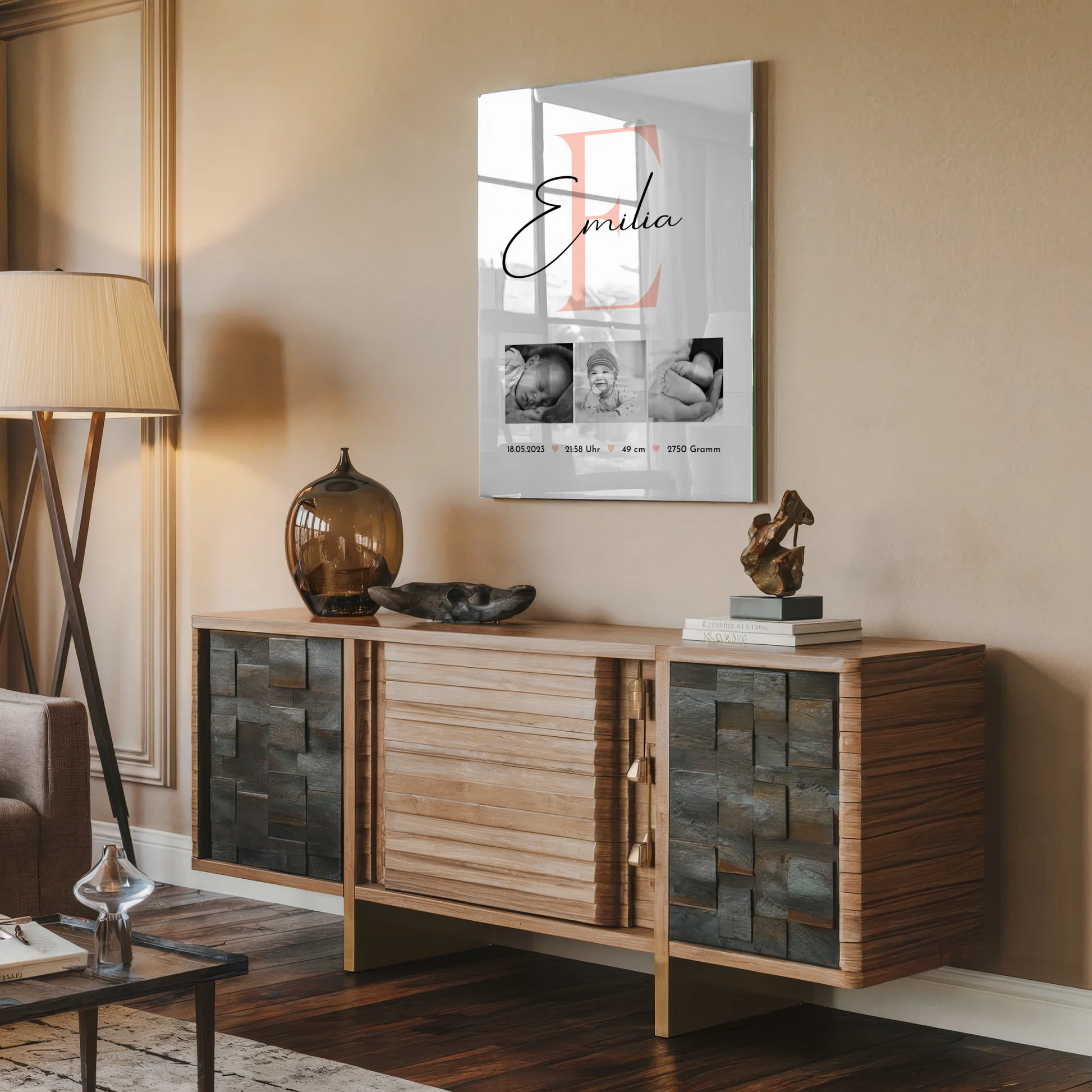 Acrylglas Baby-Fotocollage zur Geburt mit Foto und Geburtsdaten, Black and White Design 2