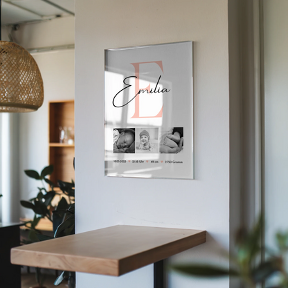 Acrylglas Baby-Fotocollage zur Geburt mit Foto und Geburtsdaten, Black and White Design 6