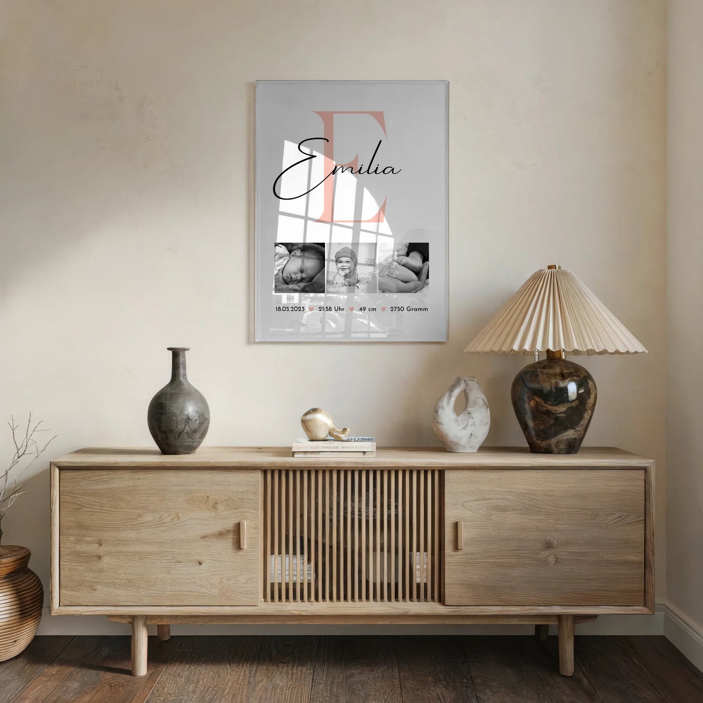 Acrylglas Baby-Fotocollage zur Geburt mit Foto und Geburtsdaten, Black and White Design 5