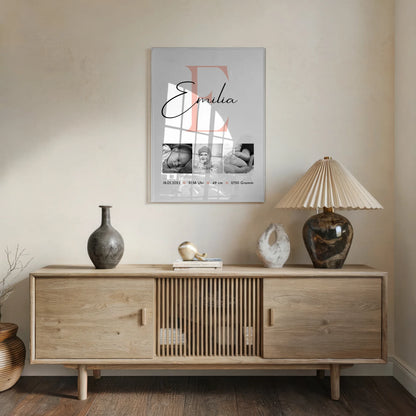 Acrylglas Baby-Fotocollage zur Geburt mit Foto und Geburtsdaten, Black and White Design 5