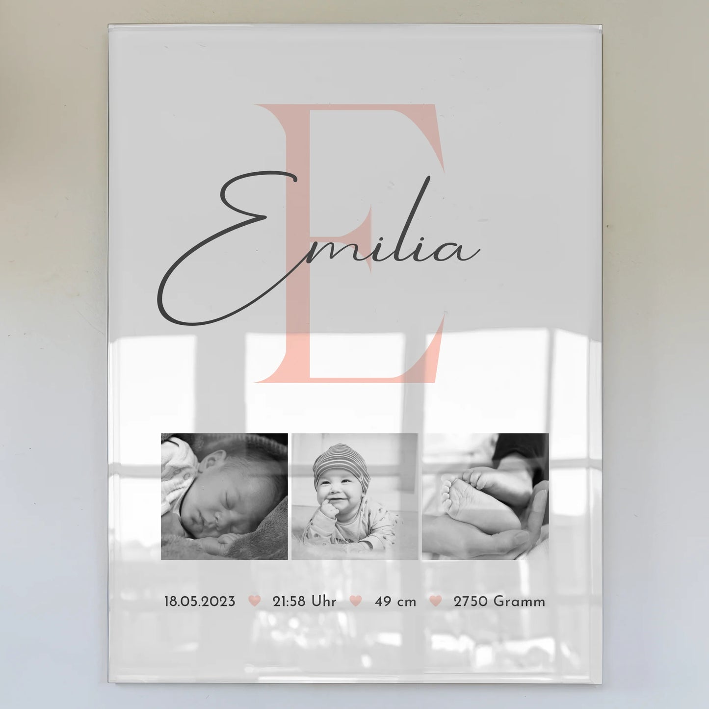 Acrylglas Baby-Fotocollage zur Geburt mit Foto und Geburtsdaten, Black and White Design 1