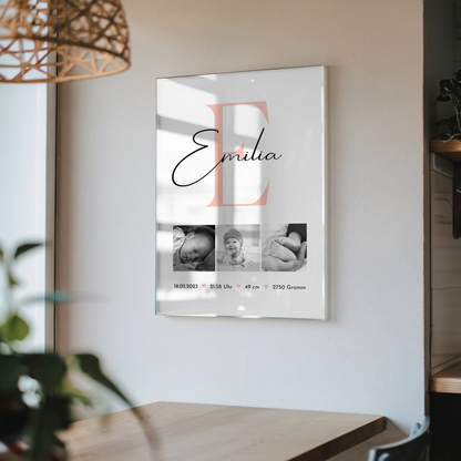 Acrylglas Baby-Fotocollage zur Geburt mit Foto und Geburtsdaten, Black and White Design 4