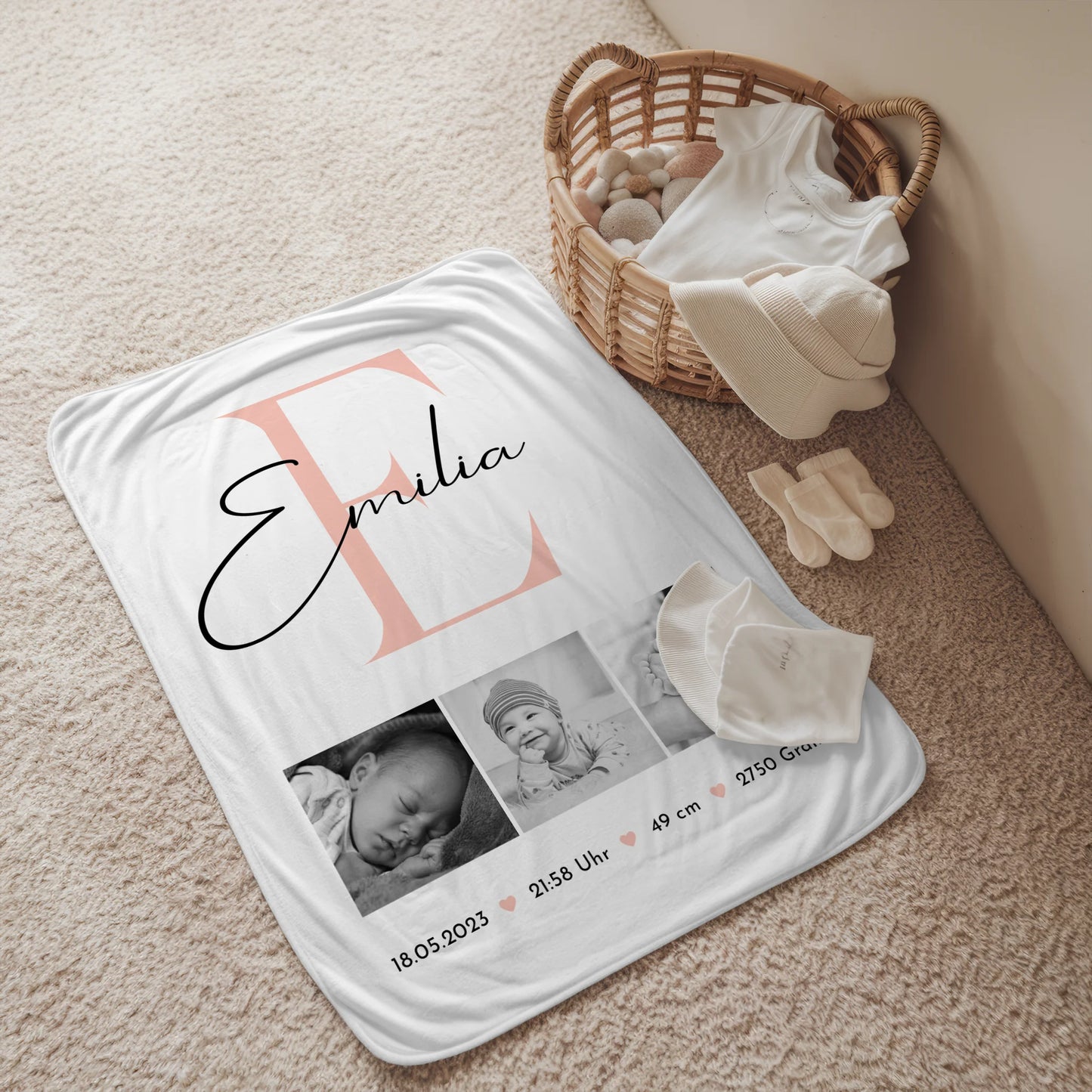 Babydecken Mit Namen zur Geburt Baby Fotocollage mit Geburtsdaten Black & White Design 2