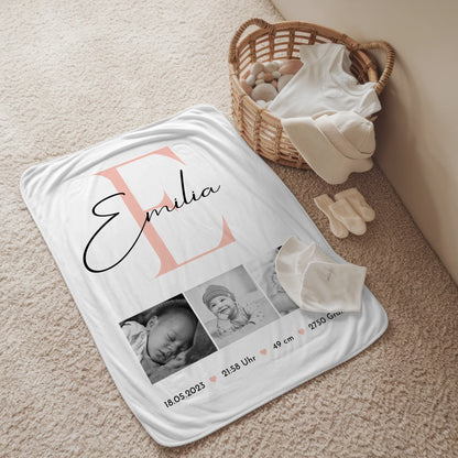 Babydecken Mit Namen zur Geburt Baby Fotocollage mit Geburtsdaten Black & White Design 2