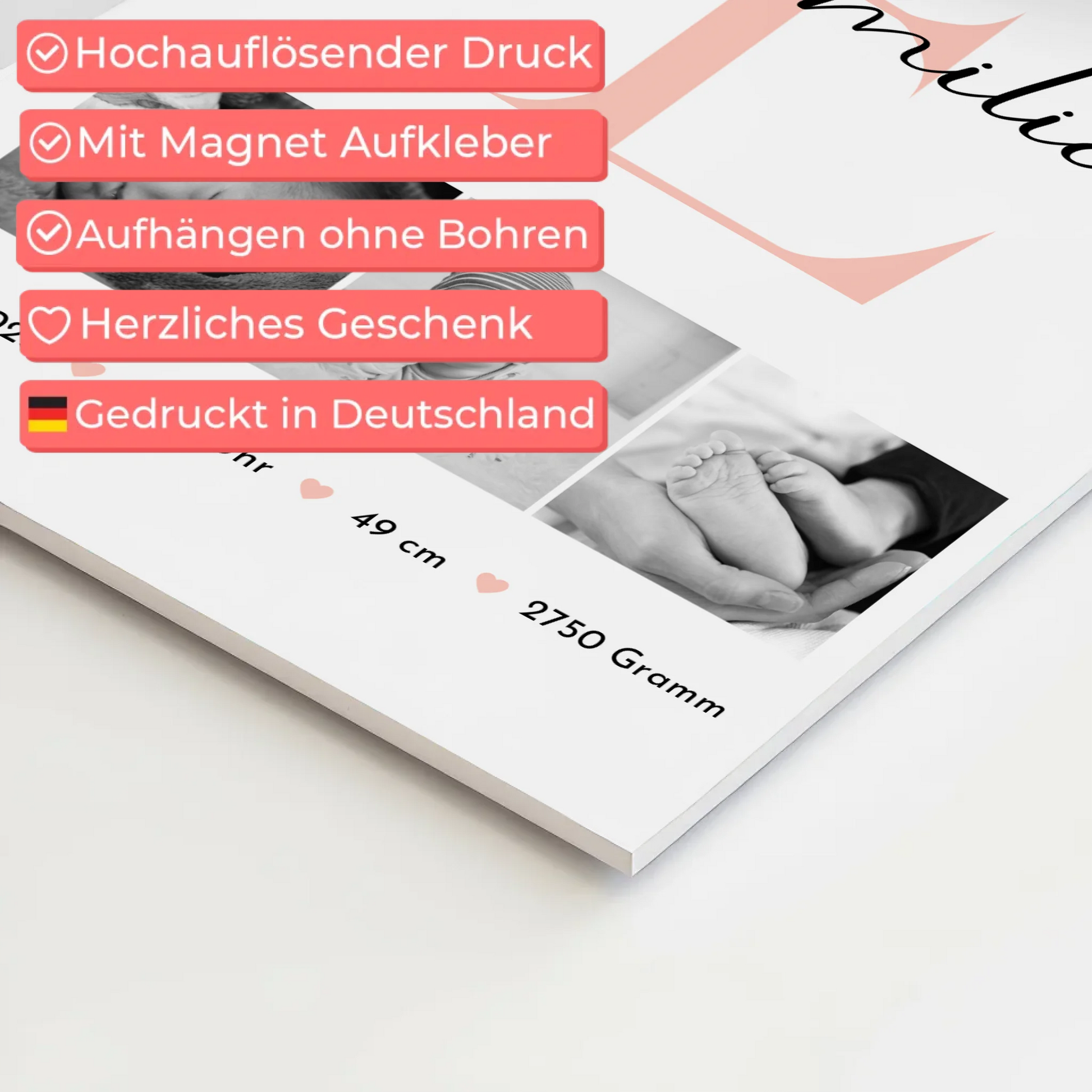 Magnetisches Fotoboard-Poster zur Geburt - Baby-Fotocollage mit Geburtsdaten im Schwarz-Weiß-Design 4