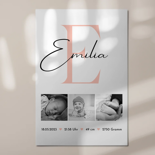 Magnetisches Fotoboard-Poster zur Geburt - Baby-Fotocollage mit Geburtsdaten im Schwarz-Weiß-Design 1