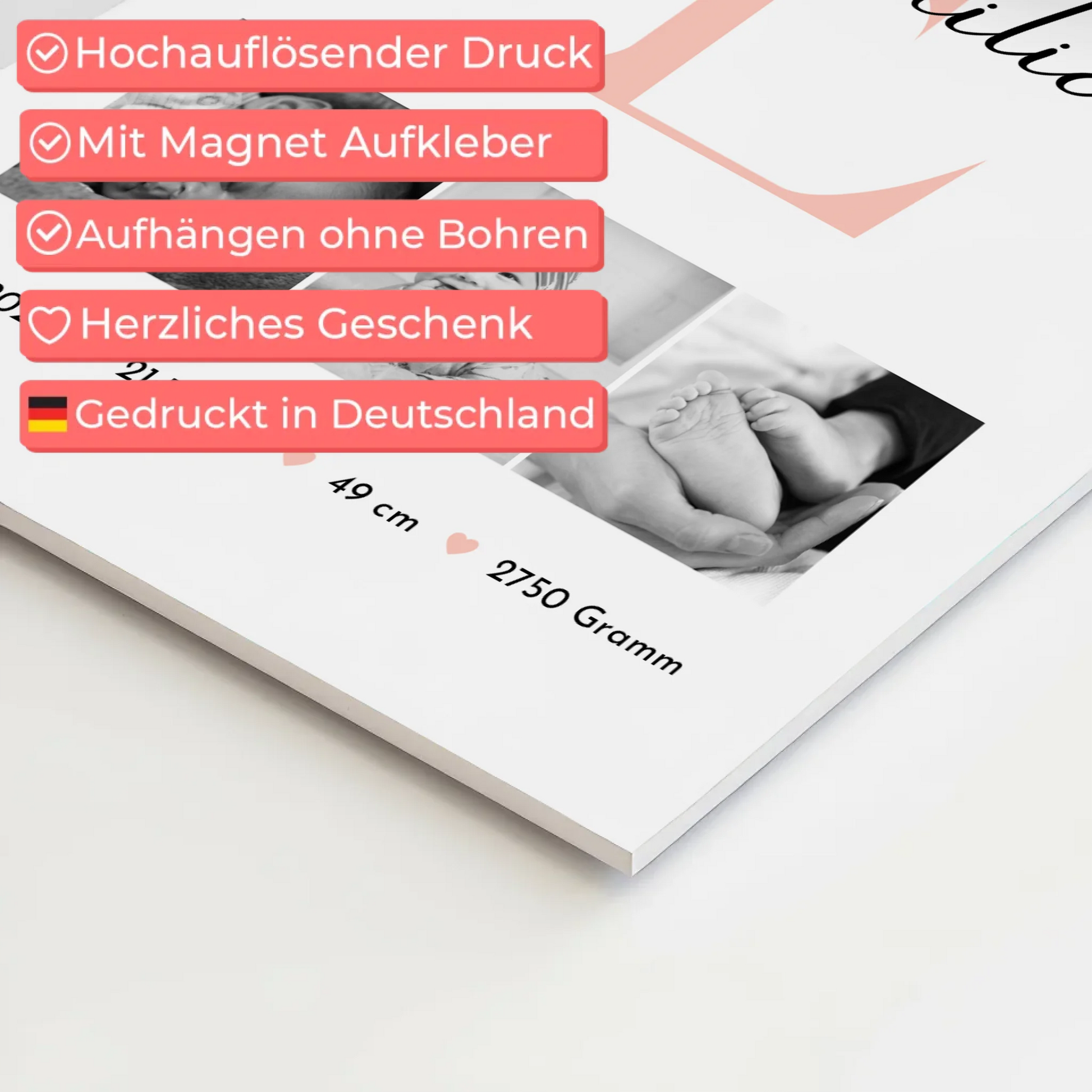 Magnetisches Fotoboard-Poster zur Geburt - Baby-Fotocollage mit Geburtsdaten im Schwarz-Weiß-Design 10