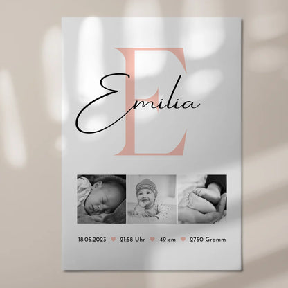 Magnetisches Fotoboard-Poster zur Geburt - Baby-Fotocollage mit Geburtsdaten im Schwarz-Weiß-Design