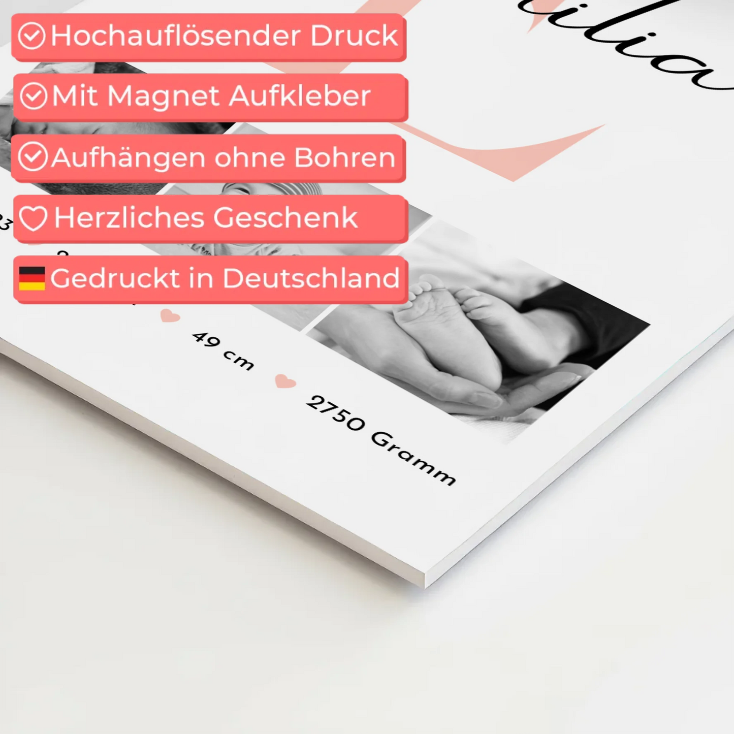 Magnetisches Fotoboard-Poster zur Geburt - Baby-Fotocollage mit Geburtsdaten im Schwarz-Weiß-Design