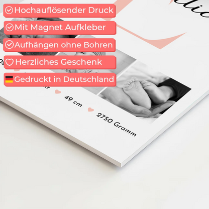 Magnetisches Fotoboard-Poster zur Geburt - Baby-Fotocollage mit Geburtsdaten im Schwarz-Weiß-Design